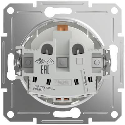 Zilveren schakelaarframe met meerdere certificeringsmarkeringen, zoals 'EAC' en 'TSE'. Schroefaansluitingen en oranje component zichtbaar.