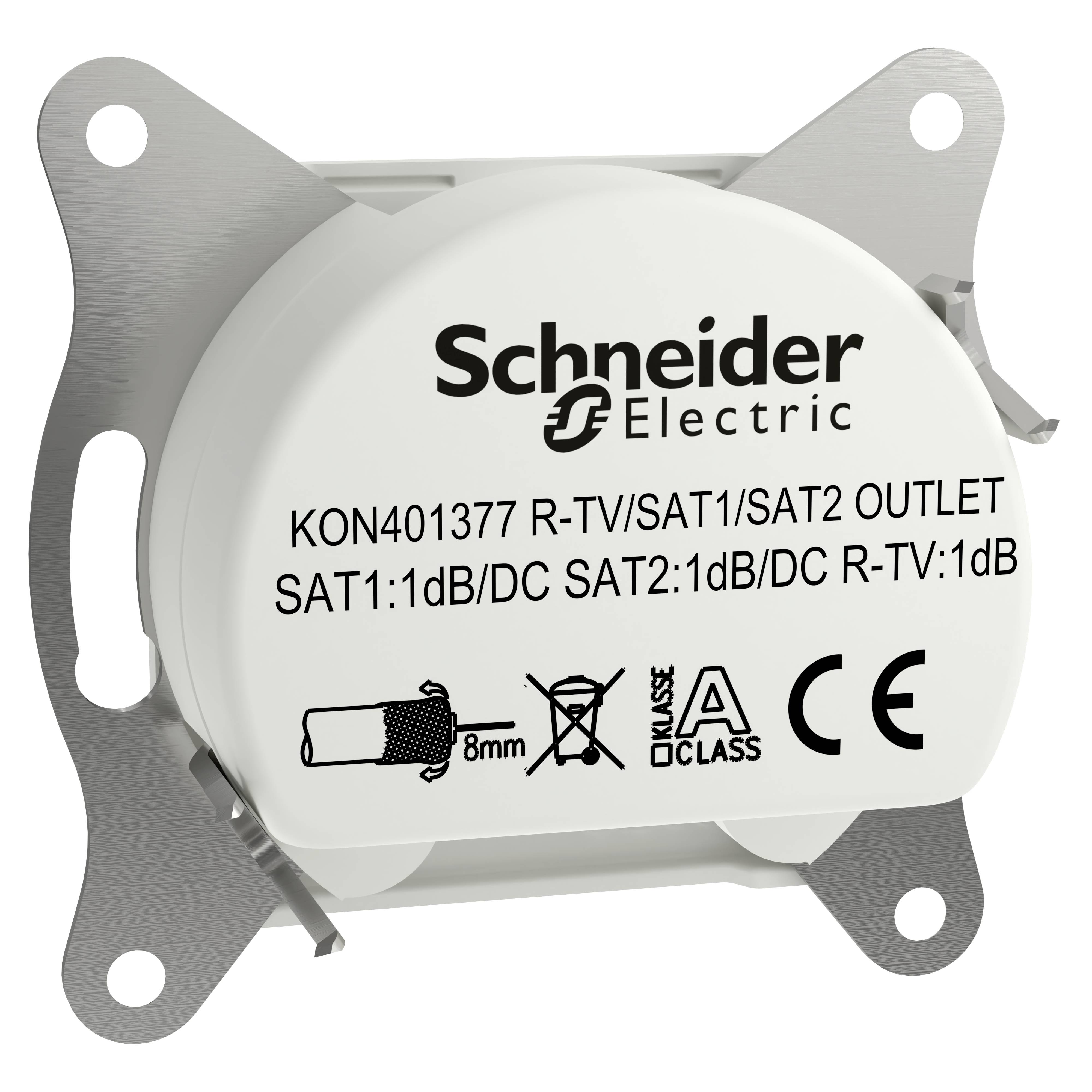 Antennedoos van Schneider Electric met drie aansluitingen voor TV en SAT, vermelding van aansluitafmetingen en Klasse A-certificering.