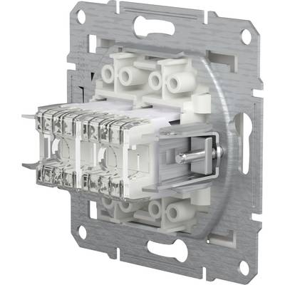 Een witte en metalen elektrische schakelaarinbouw zonder afdekking, waarbij bevestigingselementen en aansluitingen zichtbaar zijn.