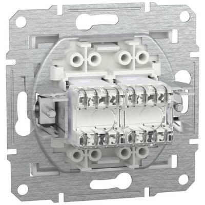 Een elektrische lichtschakelaar met meerdere aansluitpunten en transparante klemmen wordt gemonteerd op een grijze metalen frame.