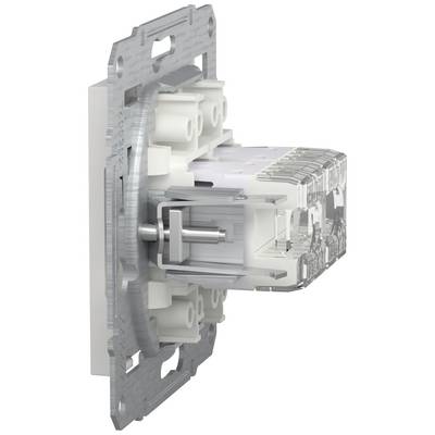 Een stopcontactdeel in wit en zilver toont de interne bedrading en mechanische componenten, klaar voor montage aan een muur.