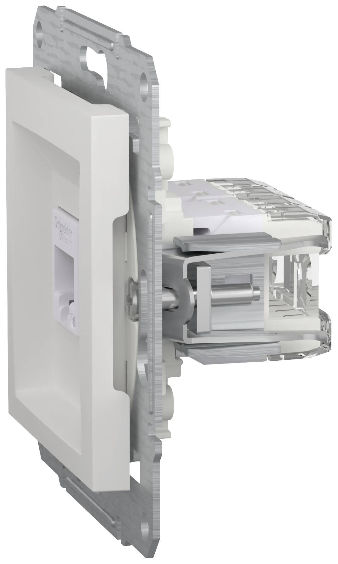 Een elektrische wandschakelaar in zijaanzicht. Het behuizing met schakelmechanisme is zichtbaar. Geschikt voor moderne elektrische installaties.