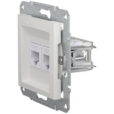 Een dubbele netwerkaansluiting met twee RJ45-poorten in een metalen frame, geschikt voor wandmontage in netwerkaansluitingen.