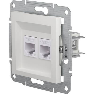Twee netwerkkabelaansluitingen in een witte wandhouder, geschikt voor installatie in standaard gebouw stopcontactsystemen.