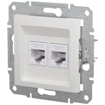 Dubbele wandcontactdoos van Schneider Electric voor netwerkverbindingen, gemonteerd in een metalen beugel. Geschikt voor Ethernet-kabels.