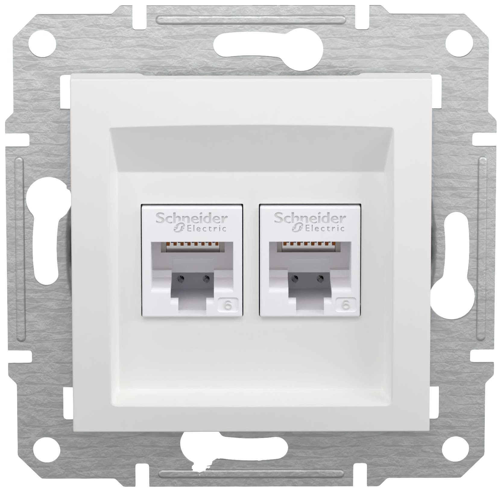 Twee RJ45-netwerkaansluitingen van Schneider Electric in een wandbevestiging, geschikt voor netwerkverbindingen in gebouwen.