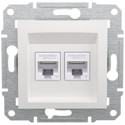 Twee RJ45-netwerkaansluitingen van Schneider Electric in een wandbevestiging, geschikt voor netwerkverbindingen in gebouwen.