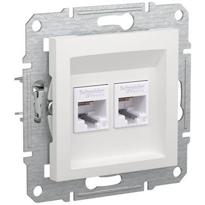 Twee netwerkaansluitingen in een witte wandplaat. Beide aansluitingen zijn gemerkt met 'Schneider Electric' en hebben ruimte voor kabels.