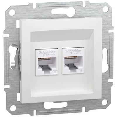 Twee netwerkaansluitingen in een witte wandplaat, merklogo zichtbaar, voor data- of telefoonverbindingen.