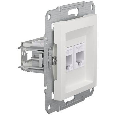 Een modulaire netwerkaansluiting met twee Ethernet-poorten in een rechthoekig, wit frame, geschikt voor wandmontage.