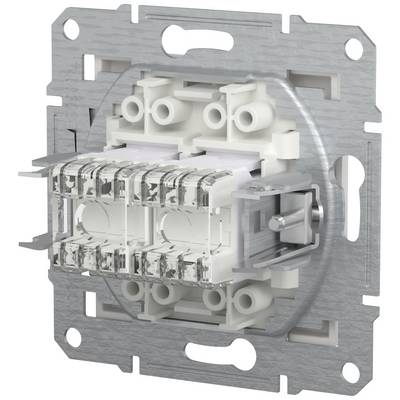 Metalen inbouw-wandcontactdoos met aansluitklemmen, geschikt voor elektrische installatie. Gestructureerd oppervlak en aansluitpunten zichtbaar.
