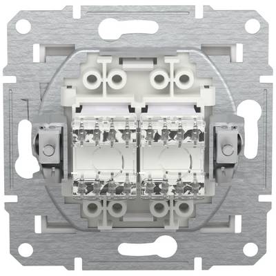 Lichtschakelaar met twee schakelaars, in een zilveren metalen behuizing. Duidelijk zichtbare montagegaten aan alle zijden.