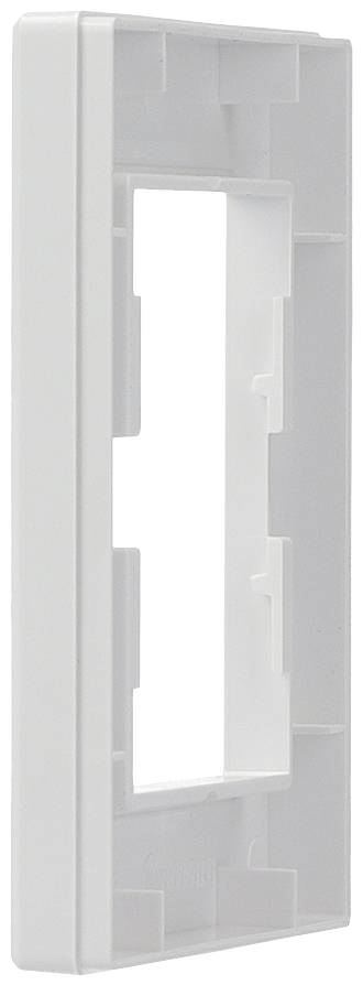 Een witte, rechthoekige kunststof behuizing met uitsnedes in het midden, waarschijnlijk een behuizing voor een elektronisch apparaat.