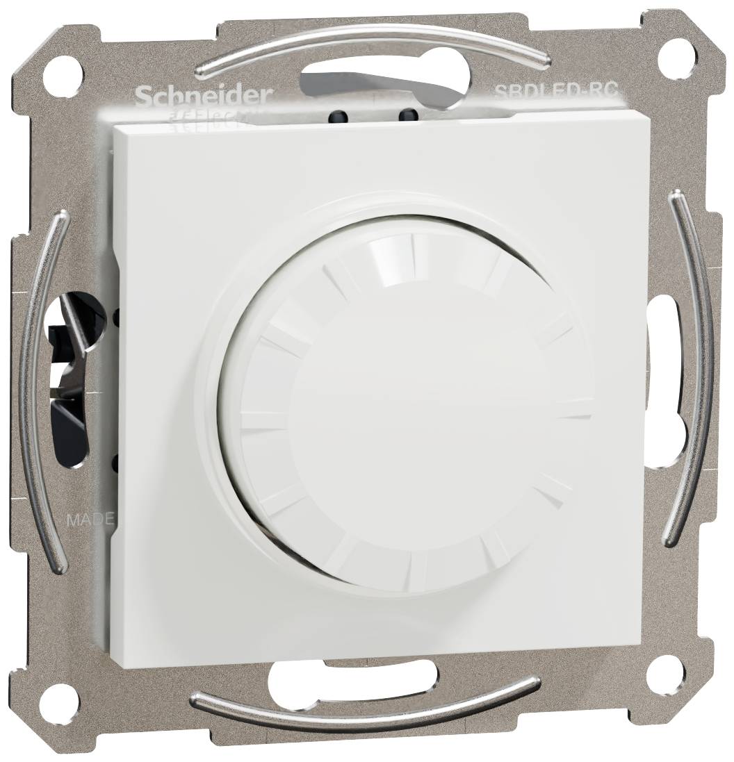 Witte, ronde draaibare dimmer op een metalen montageframe, voor het regelen van de lichtintensiteit in een elektrisch schakelsysteem.