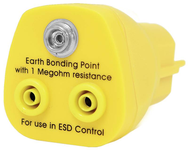 Gele ESD-controle-aardingspunt stekker gelabeld 'Aardingspunt met 1 Megaohm-weerstand' en 'Voor gebruik in ESD-controle'.