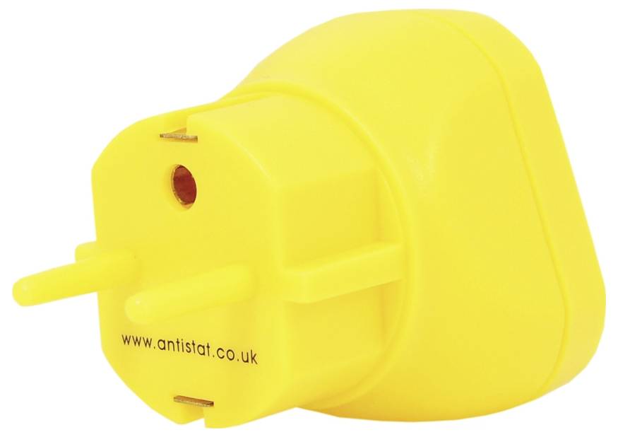 Gele UK-stekkeradapter met twee ronde pinnen en een klein rood indicatielampje, gelabeld 'www.antistat.co.uk' op een witte achtergrond.