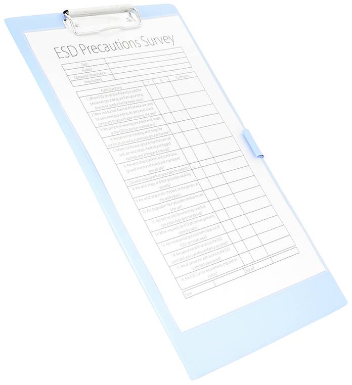 Een lichtblauw klembord met een enquêteformulier met de titel 'ESD Voorzorgsmaatregelen Enquête'. Tabel toont vragen en antwoordvelden.