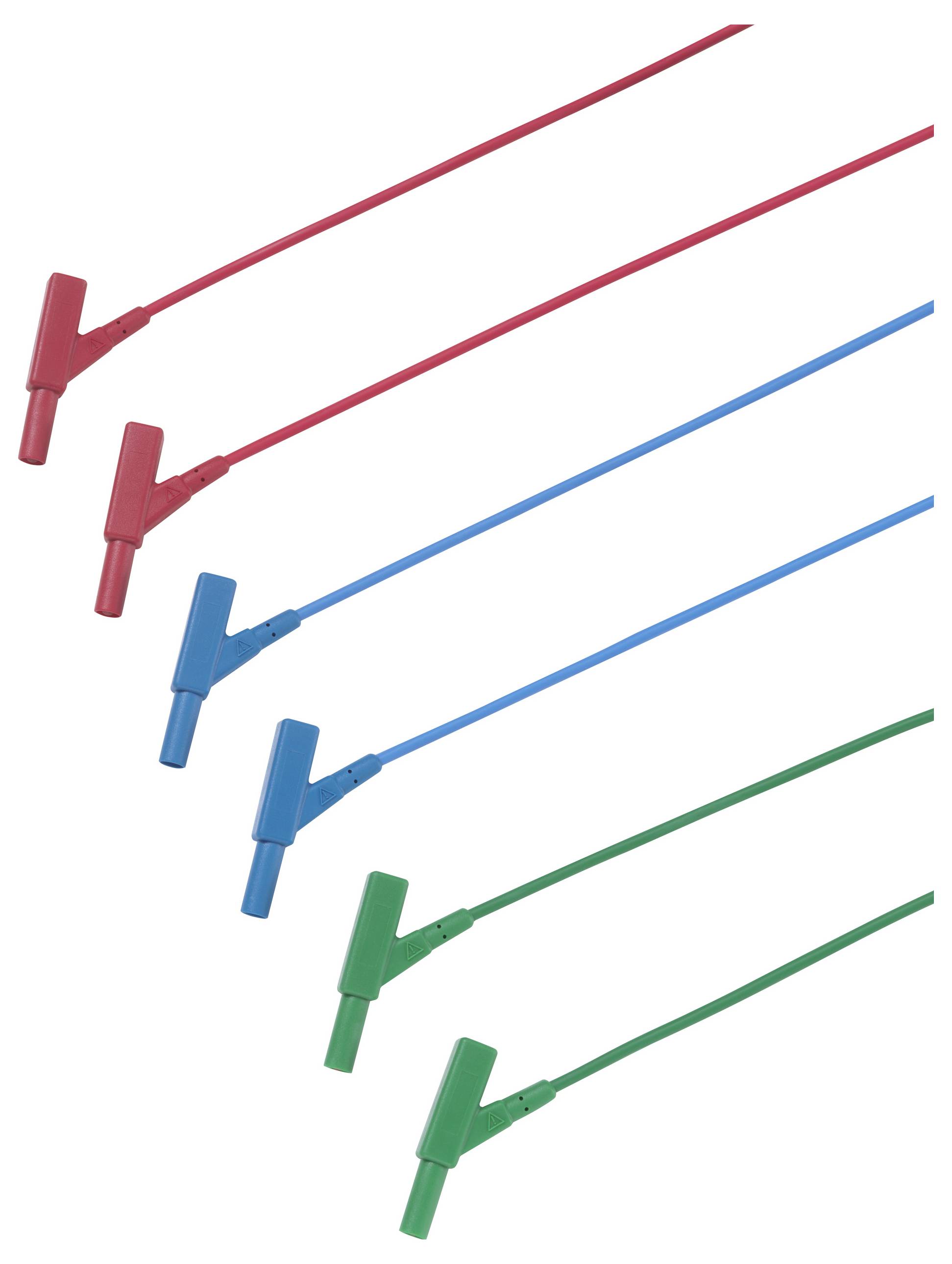 Drie kabelparen in rood, blauw en groen, elk met vast verbonden krokodillenklemmen, parallel naast elkaar gerangschikt.