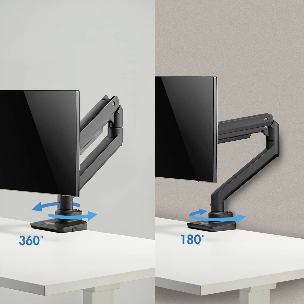 Een monitorarm toont links een 360°-draaiing op een bureau en rechts een 180°-draaiing aan een muur.