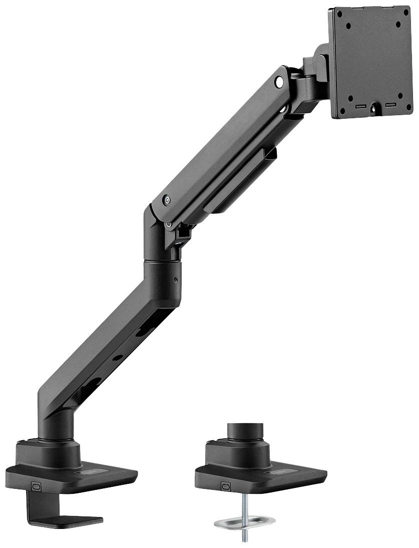 Een zwarte monitorarm met twee bevestigingsmogelijkheden, klem en door middel van tafelboringen. Geschikt voor ergonomische schermpositionering.
