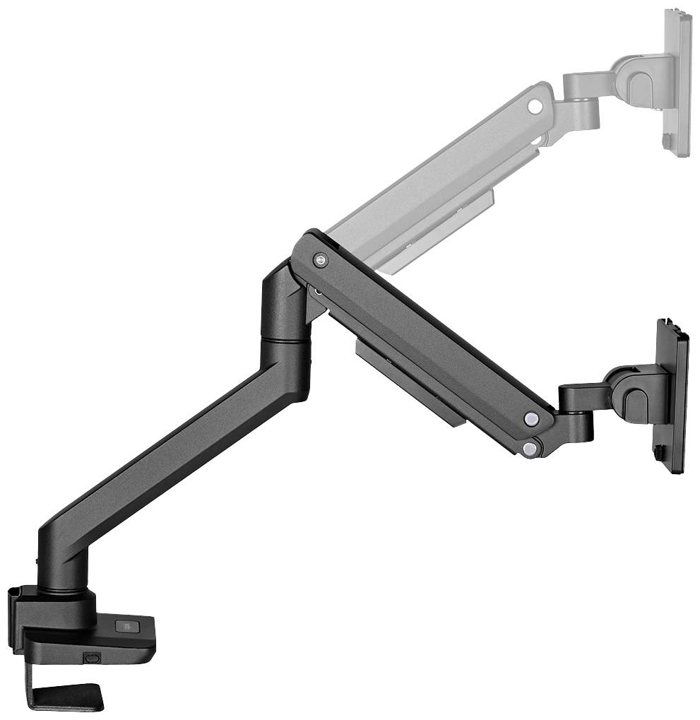 Een verstelbare monitorarm van zwart metaal, bevestigd aan een tafel. De arm beschikt over gewrichten voor flexibele positionering.