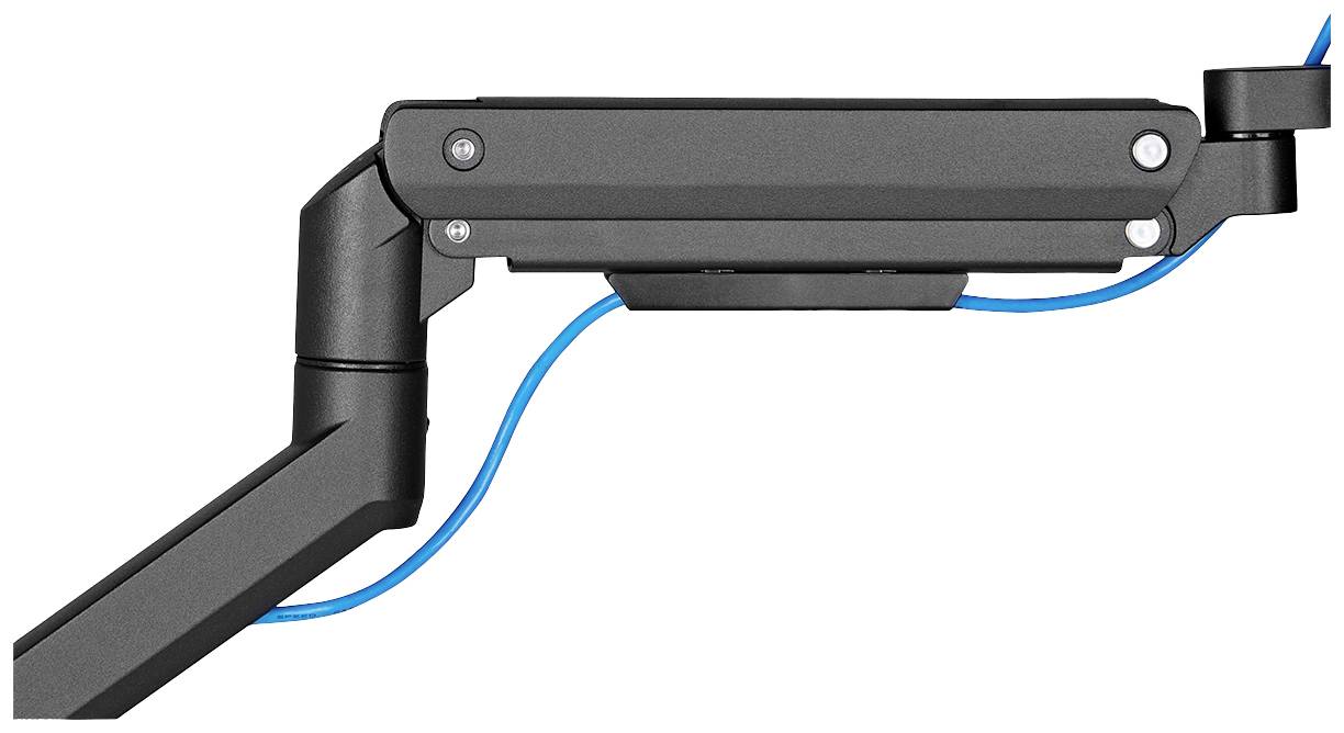 Zwarte monitorarm met blauw kabelbeheersysteem, ontworpen voor ondersteuning en flexibele positionering van beeldschermen op bureaus.