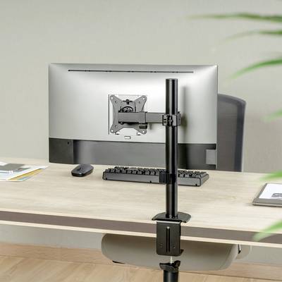Een verstelbare monitorstandaard is bevestigd aan een bureau dat geen zichtbare kabels toont en zorgt voor orde.