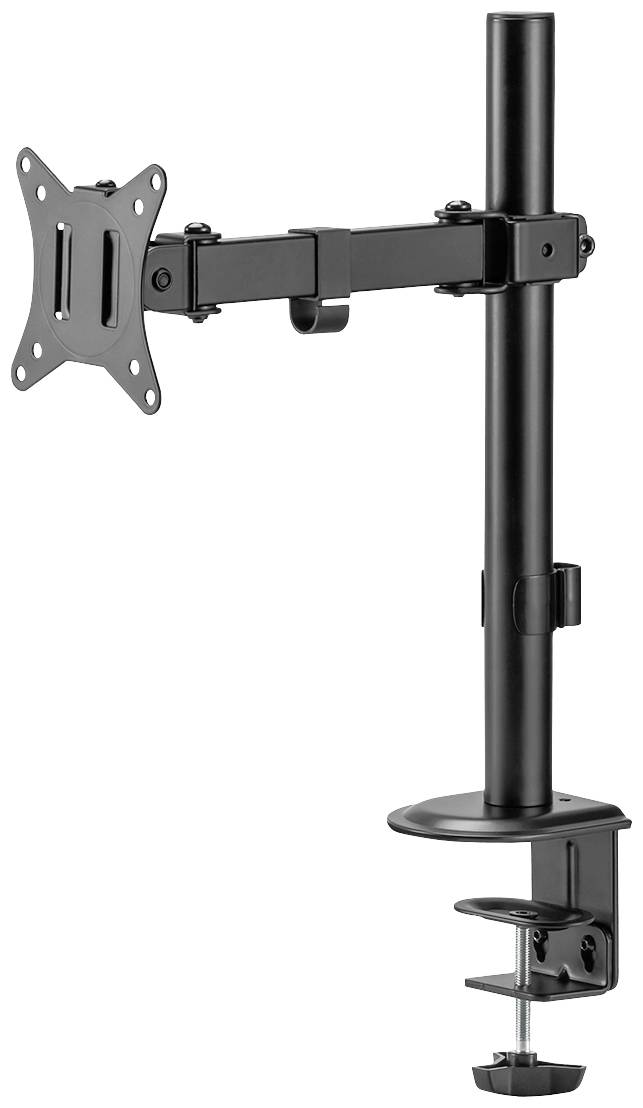 Een verstelbare, zwarte monitorarm met tafelklem voor bevestiging. Geschikt voor flexibele werkplekindeling.