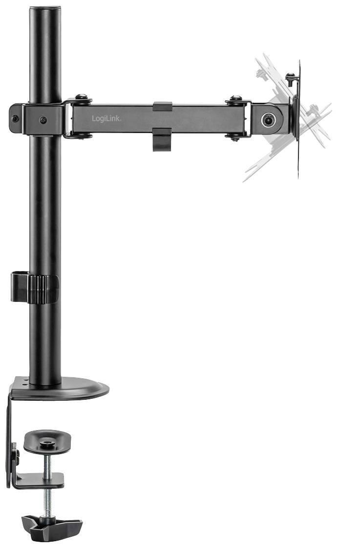 Metalen monitorstandaard, zwart, verstelbaar, voor bureaumontage. Geschikt voor ergonomische positionering van een beeldscherm.