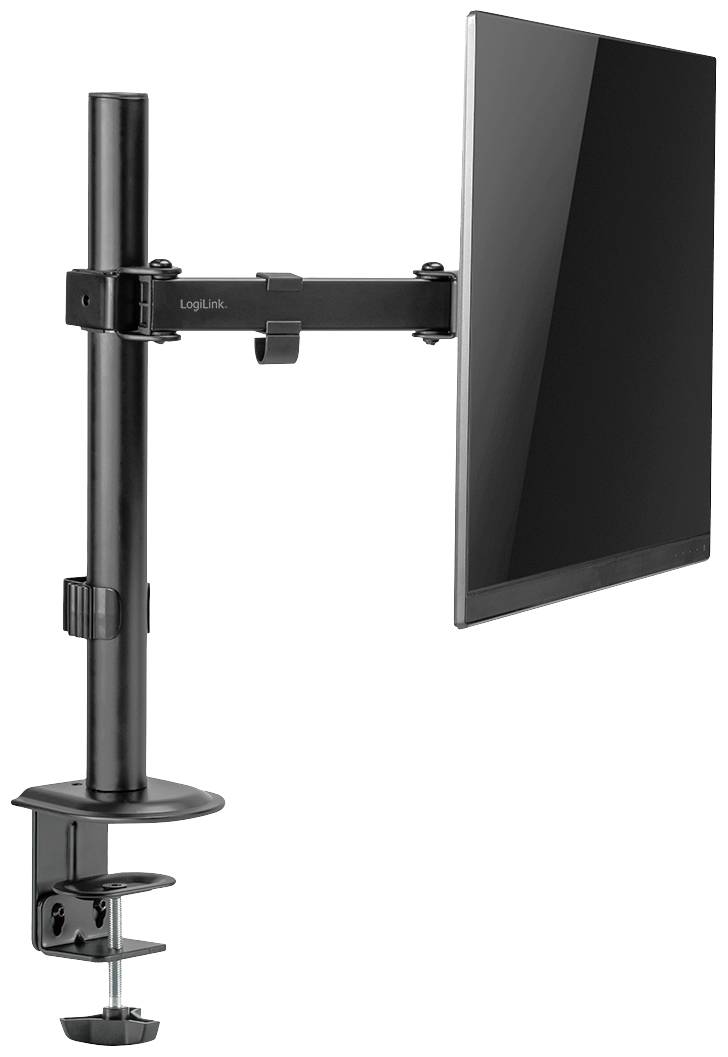 Een monitor is bevestigd aan een verstelbare zwenkarm die aan een tafel is gemonteerd. De arm maakt flexibele positionering mogelijk.