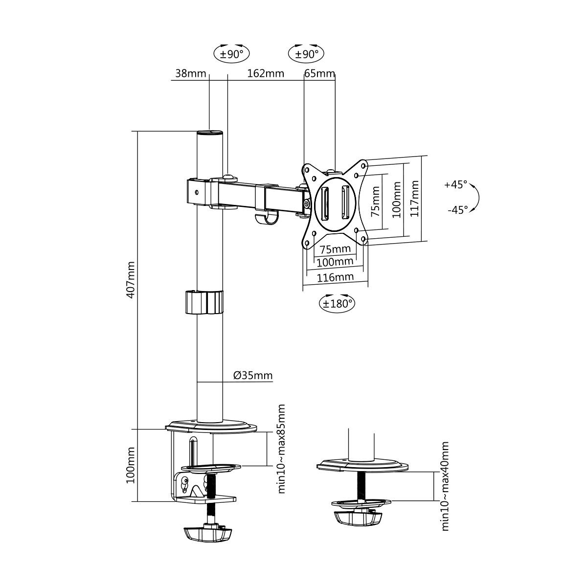 Diagram van een verstelbare monitorarm met afmetingen: hoogte 407 mm, breedte 162 mm, kantelhoek ±45°. Klem- en doorvoermontage-opties.