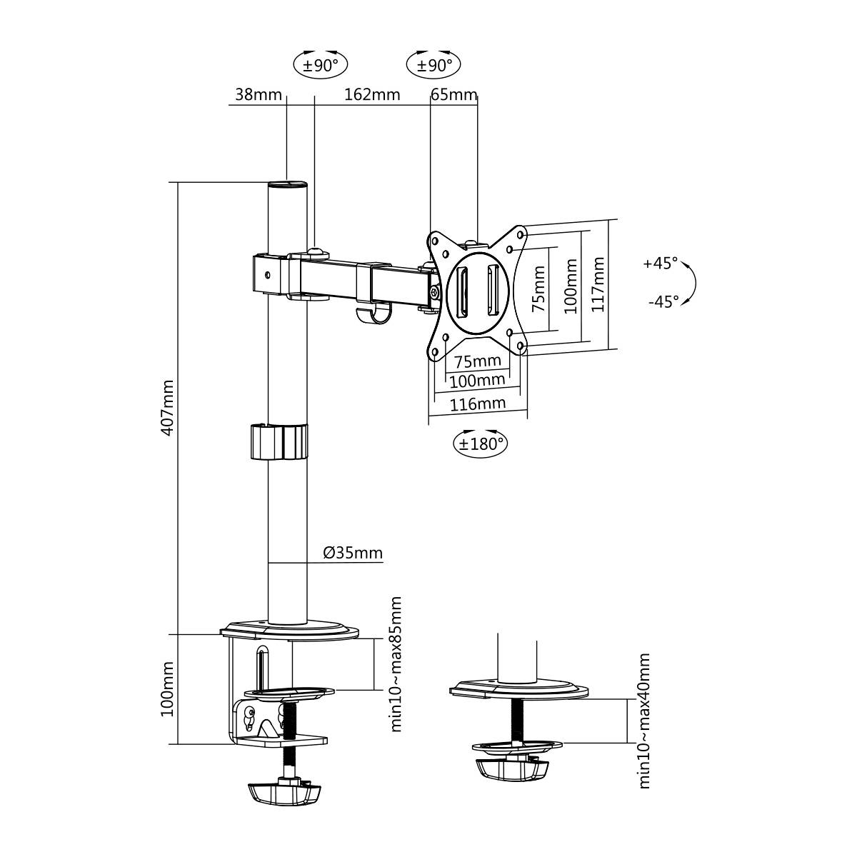 Technische tekening van een monitorarm met afmetingen en kantelhoeken. Hoogteverstelbaarheid tot 407 mm; 180 graden draaibaar. Geschikt voor tafelbevestiging.