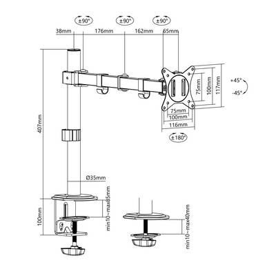 'Illustratie van een tafelbeugel met afmetingen: hoogte 407 mm, arm 176 mm, VESA-bevestiging, draaibaar ±90°, kantelbaar ±45°.'