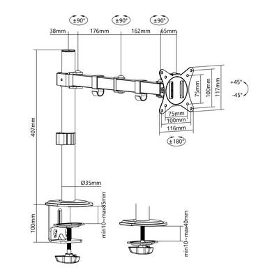 Technische tekening van een monitorsteun met verstelbare arm. Afmetingen en zwenkhoeken aangegeven. Toont montage en verstelmogelijkheden.