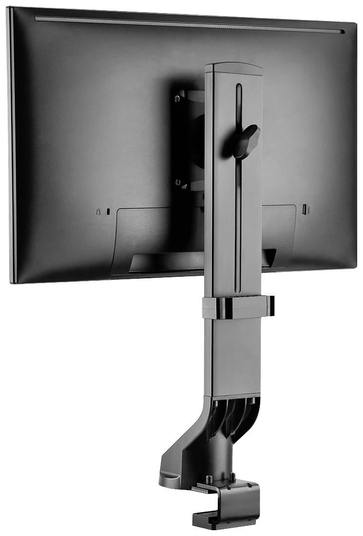 Een computermonitor is bevestigd aan een verstelbare arm die aan een tafel is gemonteerd. Ideaal voor flexibele positionering.