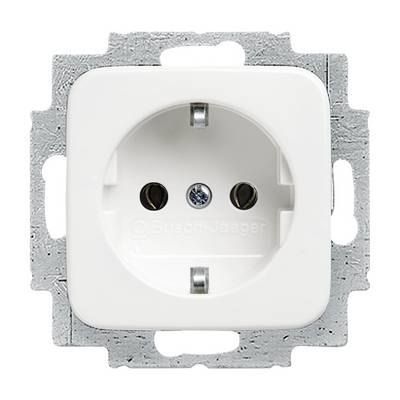 Wit stopcontact in vierkante vorm, gemonteerd in een metalen behuizing.