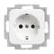 Wit stopcontact in vierkante vorm, gemonteerd in een metalen behuizing.