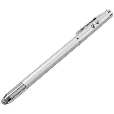 Zilvergrijze laserpointer-pen met clip en drukknop, diagonaal geplaatst op een witte achtergrond.