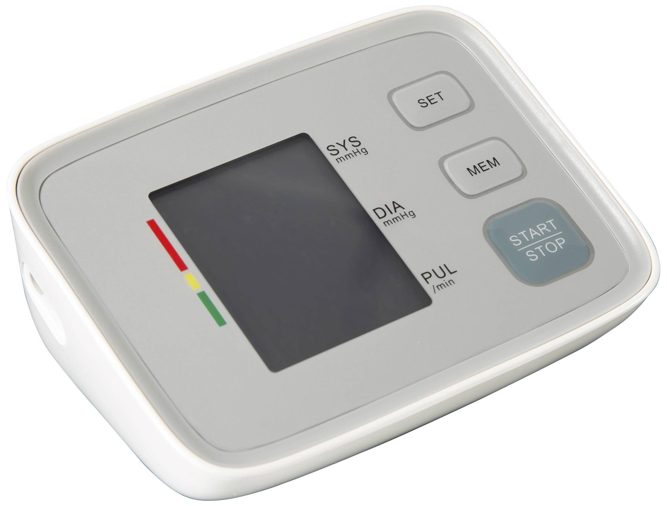 Bloeddrukmeter met toetsen voor 'SET', 'MEM' en 'START/STOP'. Display voor SYS, DIA en POLS, evenals een schaal in Rood, Geel, Groen.