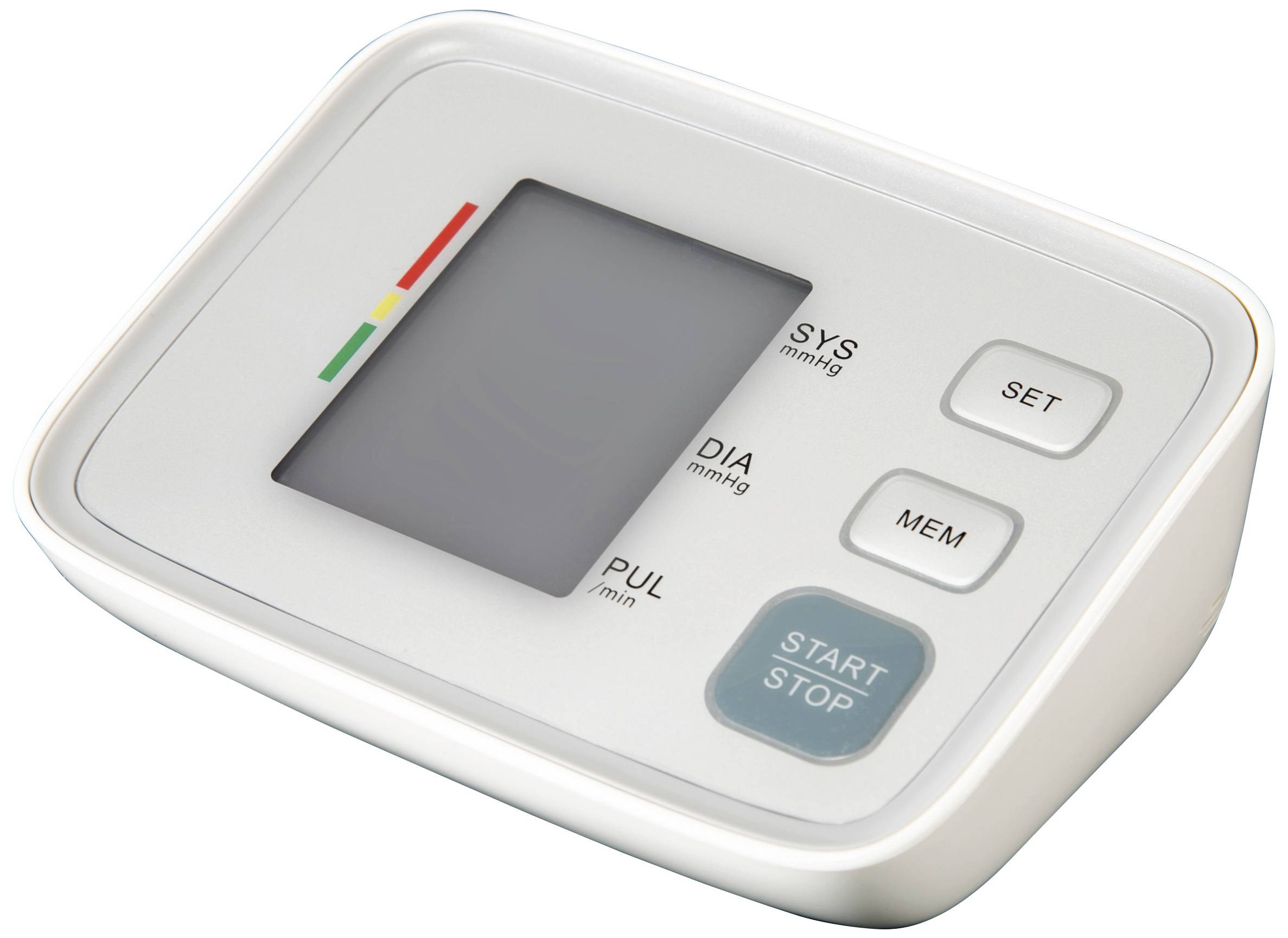 Bloeddrukmeter met display; toont SYS, DIA en PUL meetwaarden. Knoppen voor 'Set', 'Geheugen' en 'Start/Stop'.