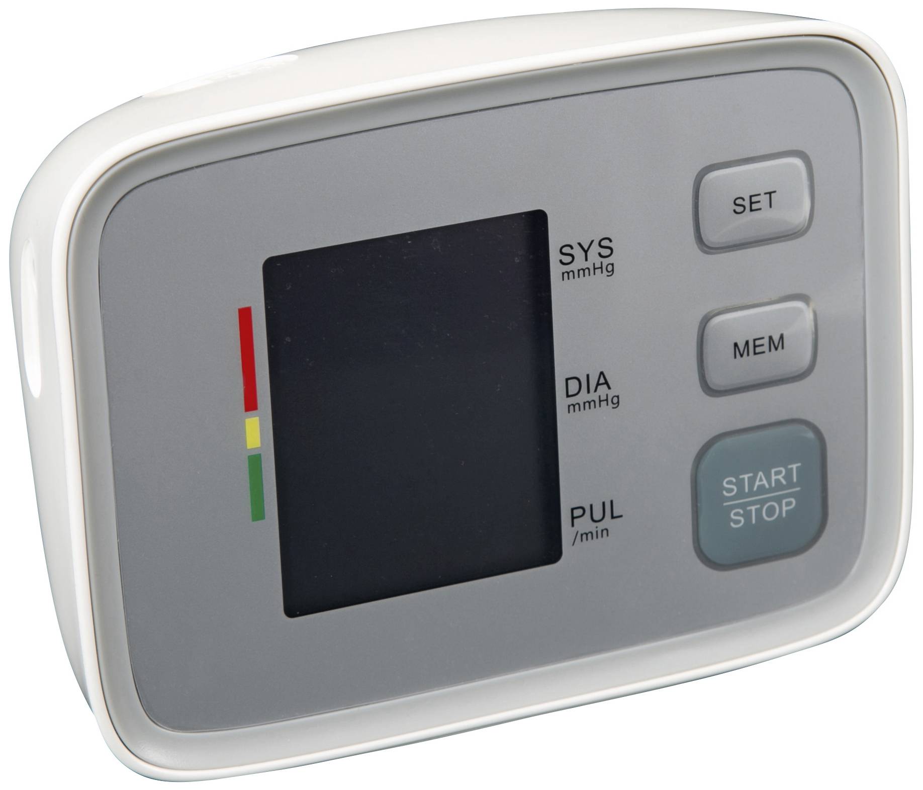 Digitaal bloeddrukmeetapparaat met display en toetsen: 'SET', 'MEM', 'START/STOP'. Toont SYS, DIA, PUL waarden.