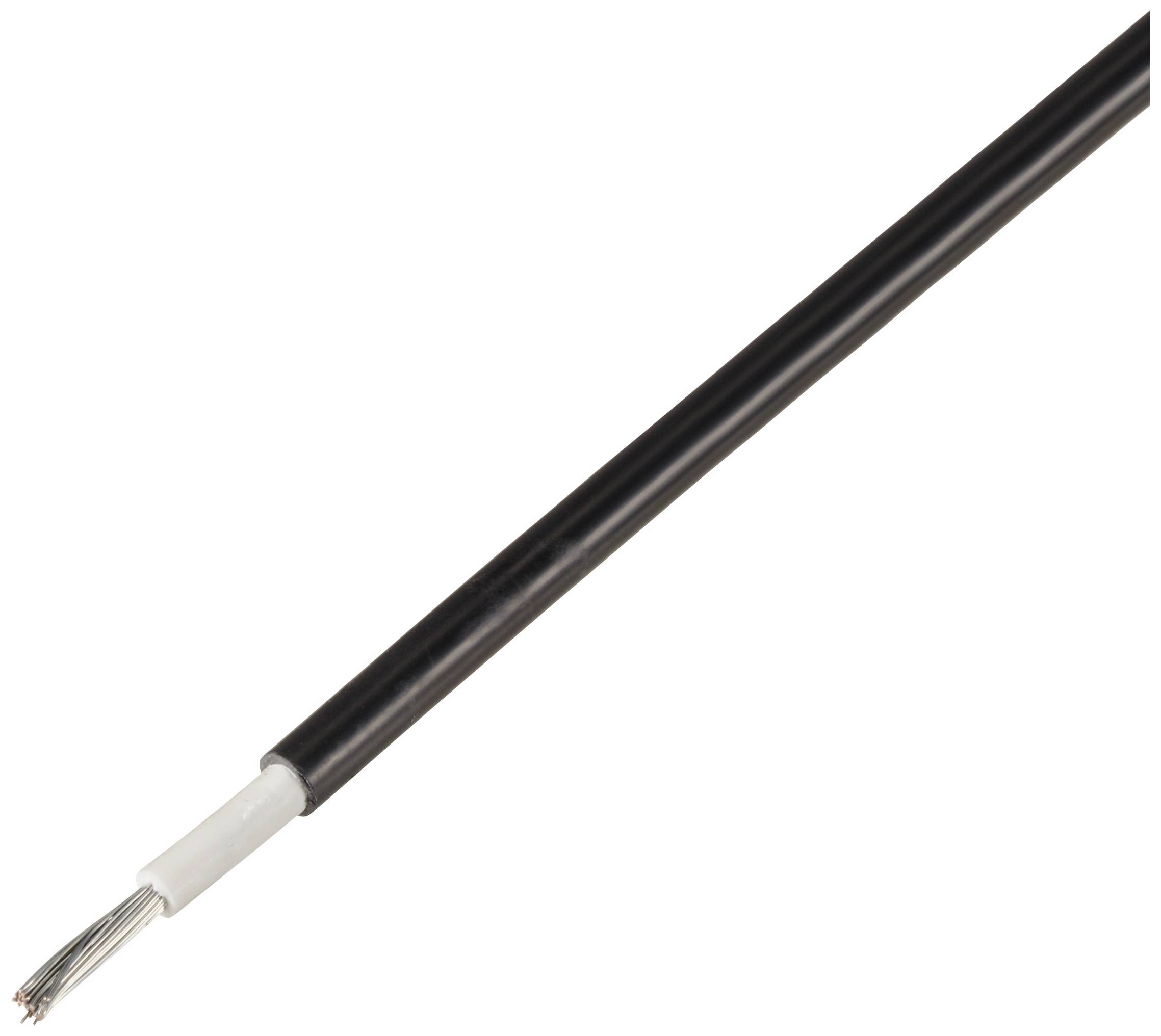 Een zwart, geïsoleerd kabel met blootgesteld, zilveren draadeinde, geschikt voor elektrische verbindingen of installaties.