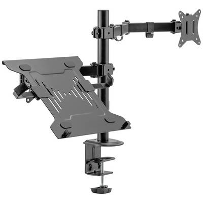 Zwarte monitor- en laptopstandaard met verstelbare armen voor bevestiging aan een tafel, geschikt voor ergonomisch werken.