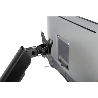 Monitor wordt gemonteerd op een zwenkarm. Enkele schroeven zijn zichtbaar. De zwenkarm maakt flexibele positionering van de monitor mogelijk.
