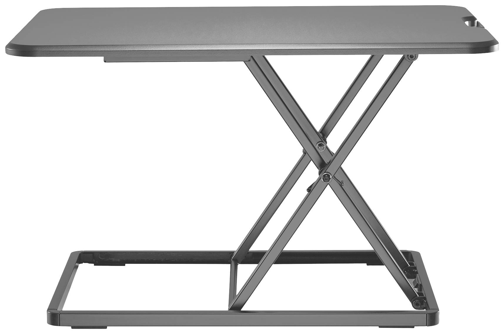 Een in hoogte verstelbare tafel met metalen X-vormige poten en een vlakke rechthoekige tafelblad.