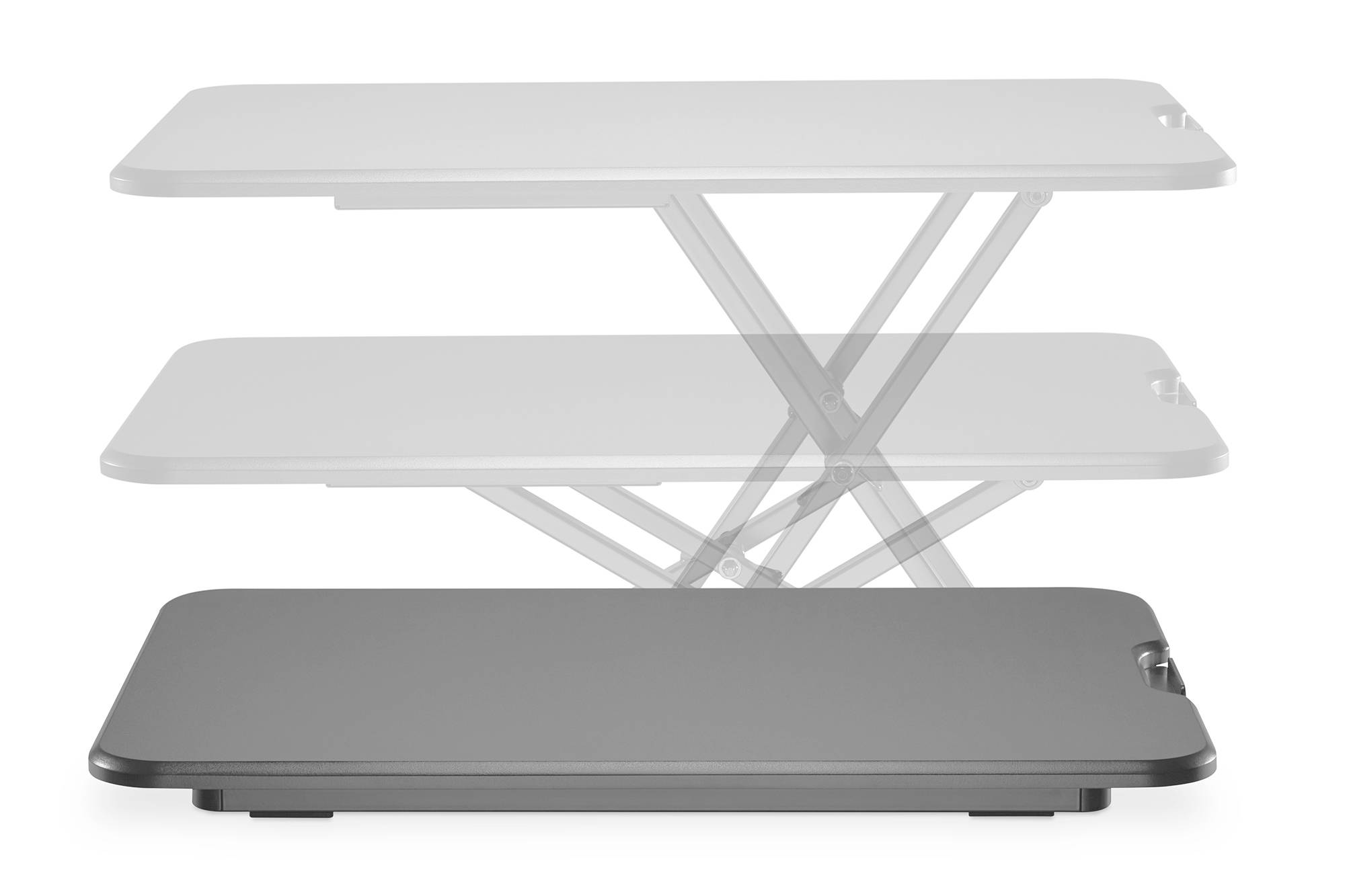 Hoogteverstelbare tafel getoond in drie posities, van plat tot verhoogd, op een witte achtergrond.