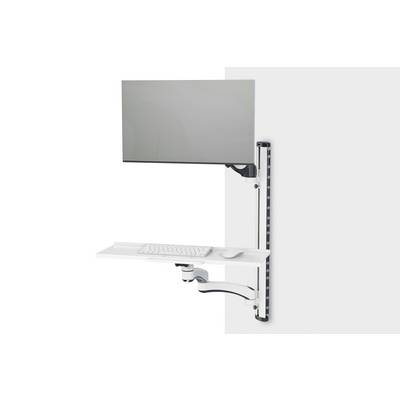 Een monitor met toetsenbord en muis op een verstelbare, wandgemonteerde houder. Ideaal voor staande werkplekken.