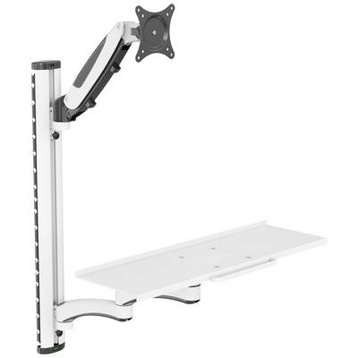 Monitorstandaard met verstelbare arm en geïntegreerde plank voor toetsenbord of laptop. Geschikt voor kantoren of werkplekken ter optimalisatie van de ruimte.