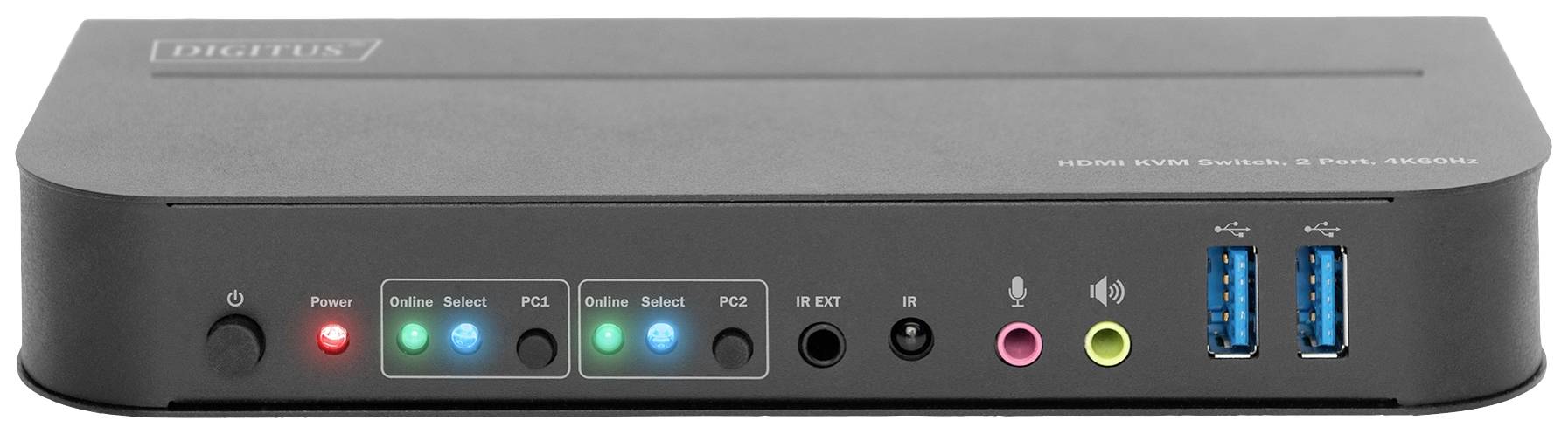Een zwarte KVM-switch met vier knoppen voor pc-selectie, twee USB 3.0-poorten, audio-aansluitingen en statusleds aan de voorzijde.