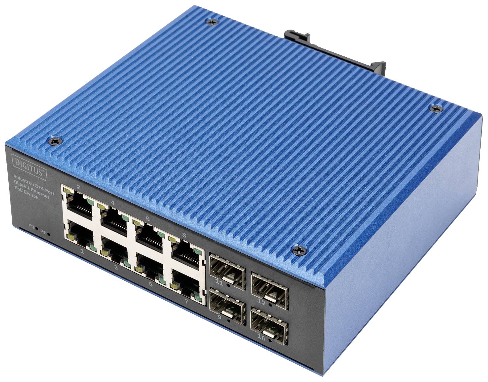 Blauwe netwerk-switch met acht Ethernet-poorten en vier optische aansluitingen, geschikt voor kantoor- of thuisnetwerken.